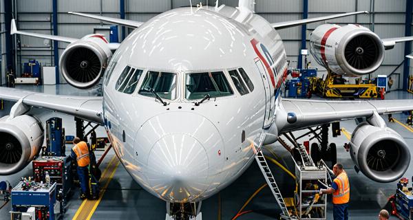 Professional aircraft maintenance work in progress
